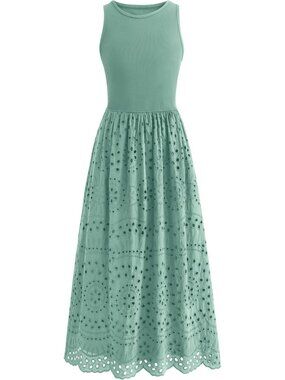 Women's Dress Maxi Bean Green Crew Neck Short Sleeveles Pockets A Line Summer